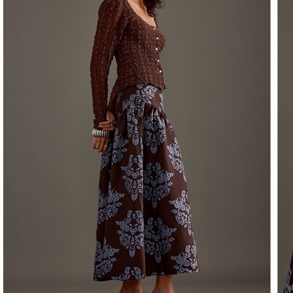 By Anthropologie Brocade Midi Elegant Brown Patterned Skirt NWT 2P - Picture 4 of 16